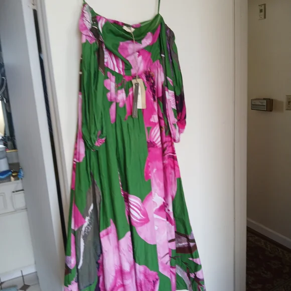 Elegant Floral Maxi Dress in Green and Pink - Picture 1 of 8